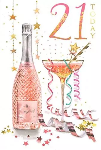 Alter 21 weibliche Geburtstagskarte - rosa glitzernde Zahlen, Cocktail & Blumen 9 Zoll x...