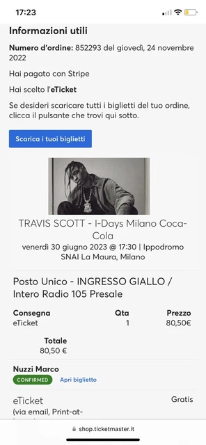 Biglietto Travis Scott - 30/06/2023 - Ippodromo SNAI Milano - Posto Unico Giallo