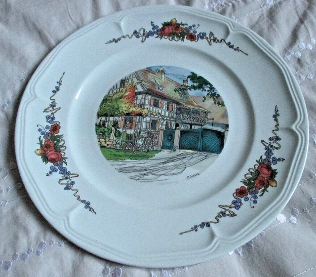 Plat Rond Blanc Sarreguemines Obernai  Ø 27 Cm Signe Loux