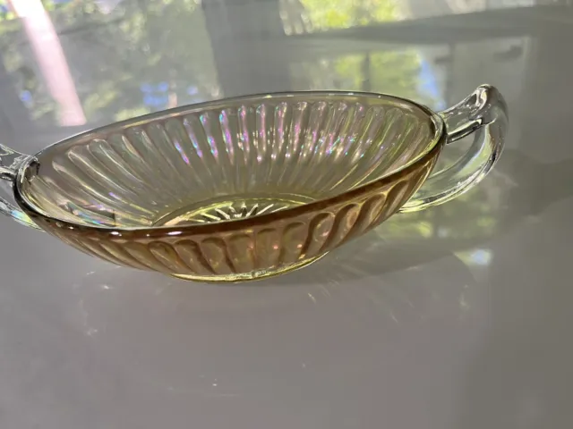Vintage Oval Iridescent Marigold Carnival Glass Dish Clear Gravy Bowl Candy