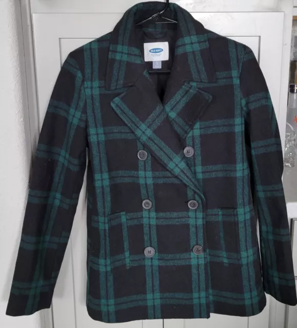 Old Navy Womens Wool Peacoat XS Green Black Plaid Mid Length Classic Pockets