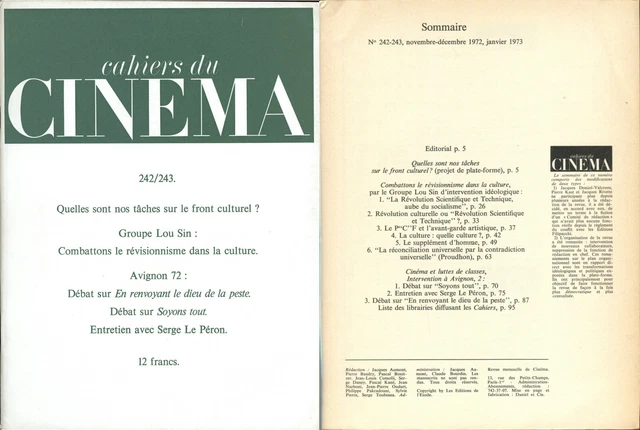 CAHIERS DU CINÉMA N°242/243 - Cinéma et lutte des classes... 1972/1973