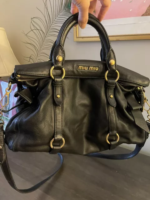 Authentic MIU MIU Vitello Lux Bow Black Calf Leather Satchel/Gold Hardware/XLNT