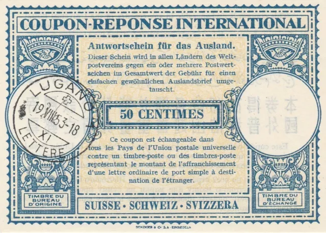 Switzerland International Reply Coupon  50c 1953 Lugano