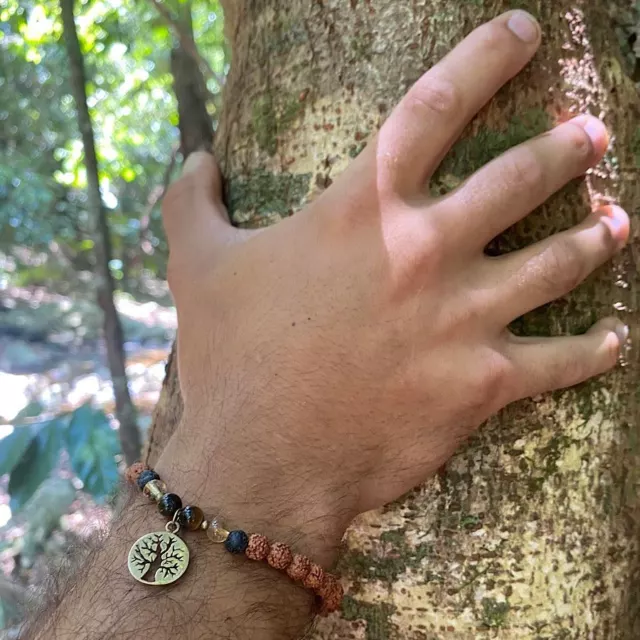 Tree of life wrist mala beads mens yoga bracelet, rudraksha, lava, citrine, tige