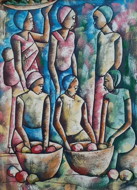 Huge Oil on Canvas, African Market in Congo, Zaire, Signed
