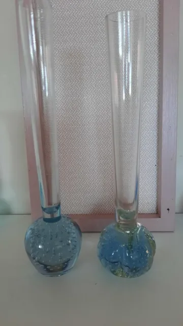 Two Pale Blue Vintage  Controlled Bubble Bud Vases
