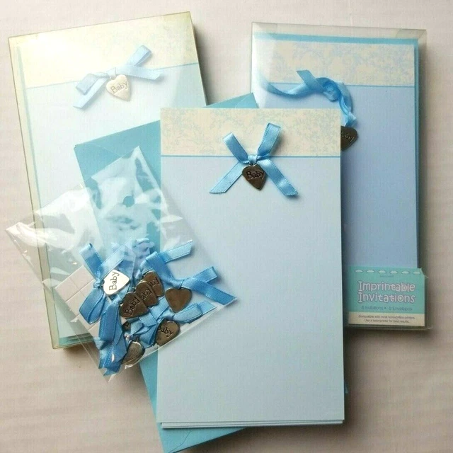 24 Blue Toile Baby Announcements Invitations Printable Metal Charm Ribbon 4 x 7