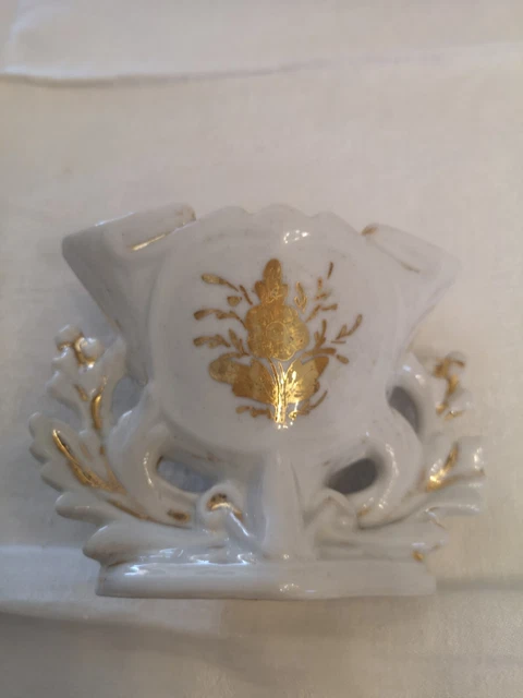 Ancien Porte-Rasoir Vintage Porcelaine Blanche Et Laiton – Déco Florale