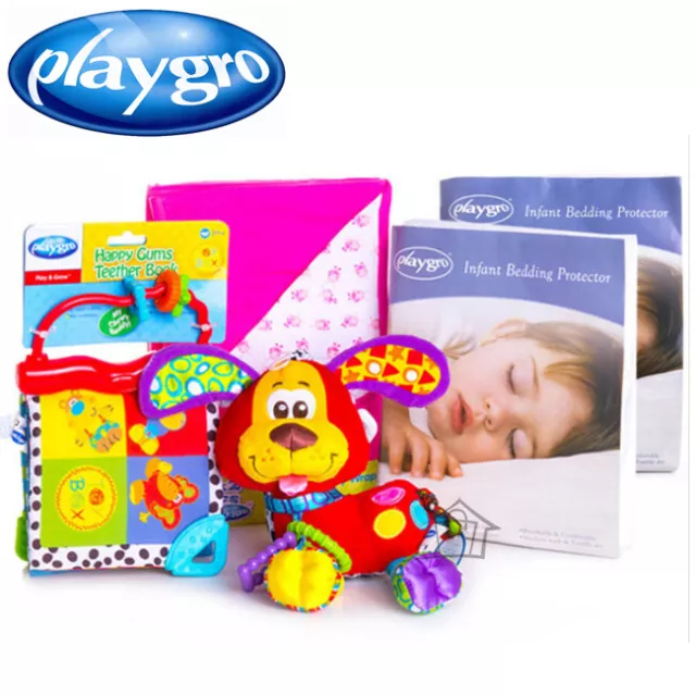 NEW Playgro Baby Girl Set 5pc - Cot Mattress Protector,Wrap,Soft Book,Toy Dog