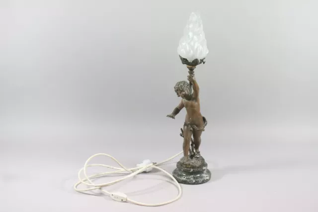 Jugendstil Tischlampe Figurenlampe Metall bronziert Putto um 1900 (GE065)