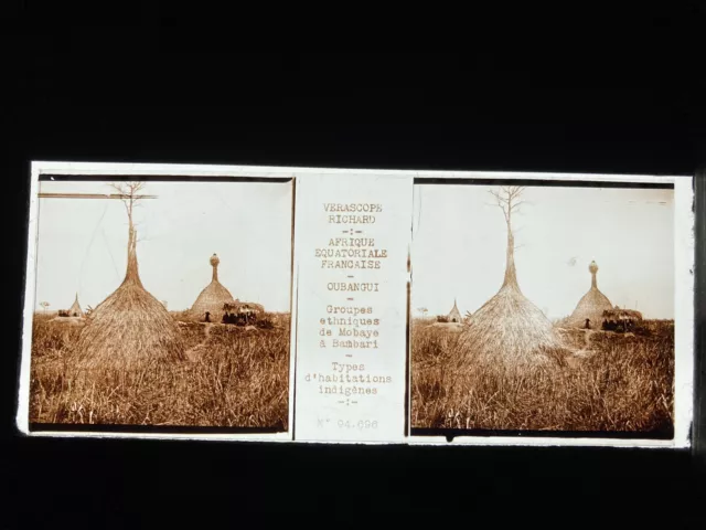 OUBANGUI MOBAYE BAMBARI PLAQUE VERRE 45x107 VUE STEREOSCOPIQUE VERASCOPE RICHARD