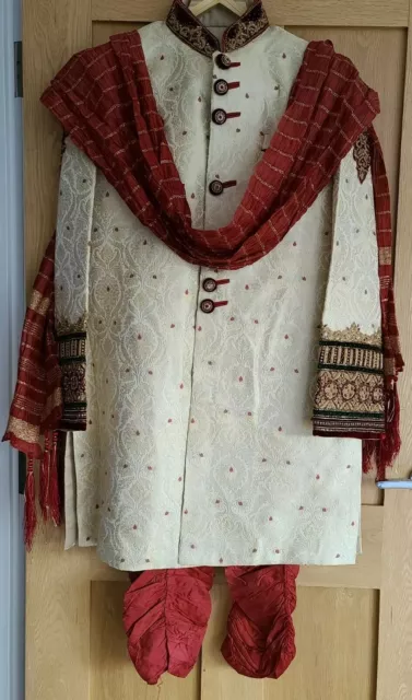 Men's Cream/Red Sherwani With Scarf. Size 42