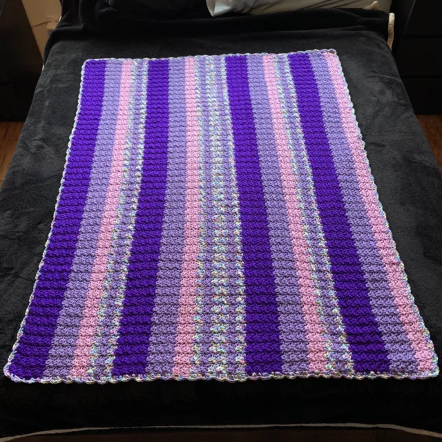 Vtg Multi Color Purple Retro Granny Hand Crochet Knit Afghan Throw Blanket 42x52