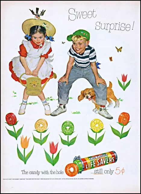 1952 Kids candy garden Life Savers candy still 5 cents retro art print ad L82