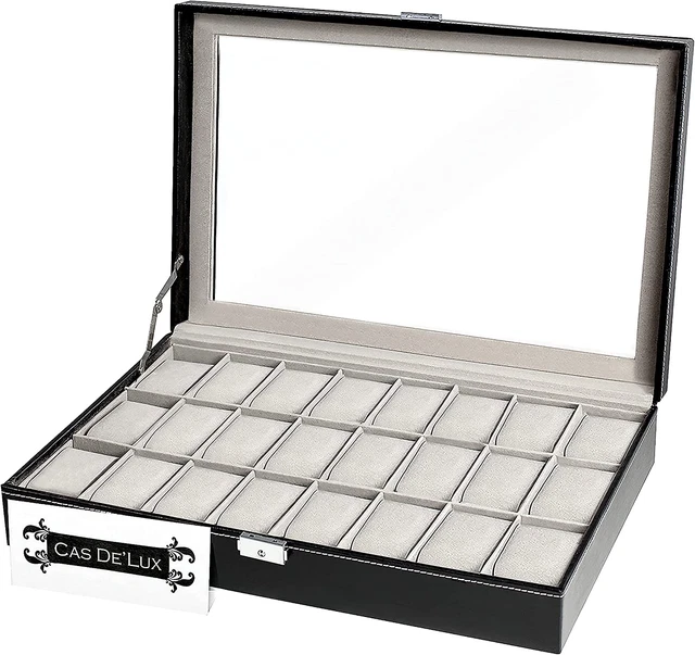 Watch Box Organizer Pillow Case 24 Slot Display Cases with Framed Glass Lid Eleg