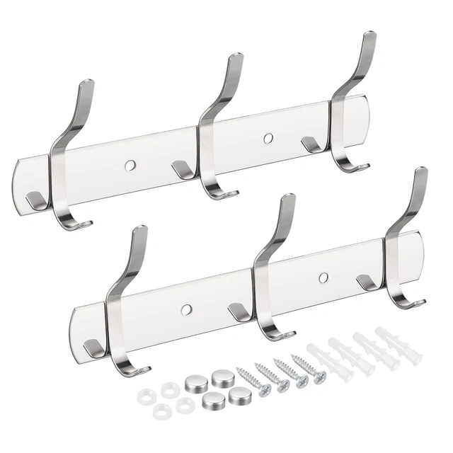 Coat Hook Rack Wall Mounted with 3 Hooks Hook Rail Wall Hangers Silver 2Pcs