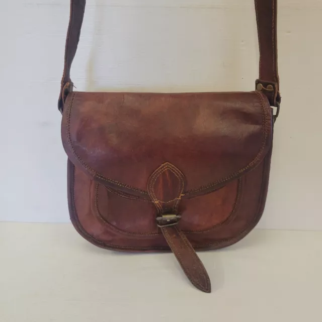 Vintage Brown Leather Satchel Crossbody Bag