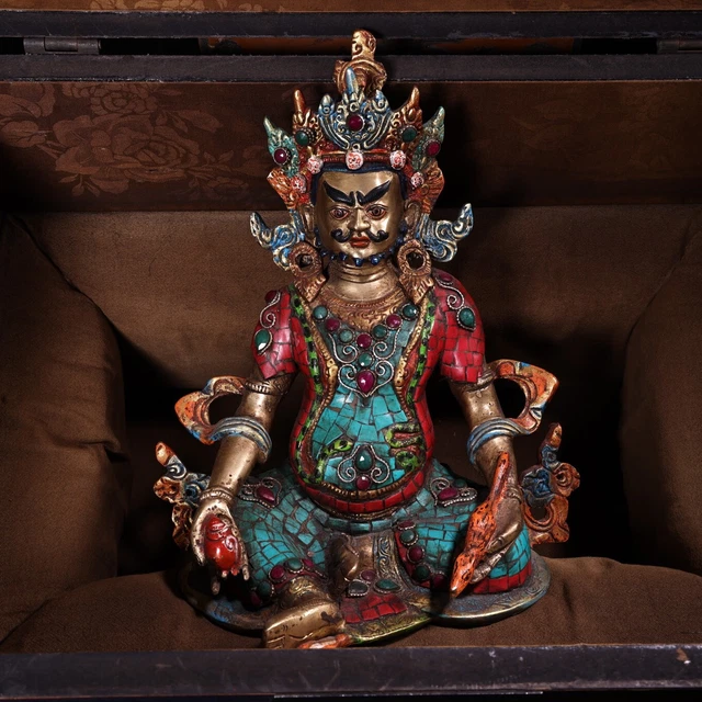 10''Nepal bronze gold Turquoise gem tibetan buddhism buddha Yellow God of wealth