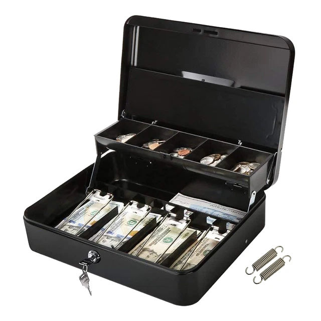 Large Cash Box Safe with Tiered Money Tray and Key Lock, 5 Storage Compartmen...