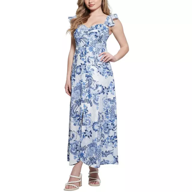 Guess Womens Rose Blue Floral Print Linen Maxi Dress 4 BHFO 6962