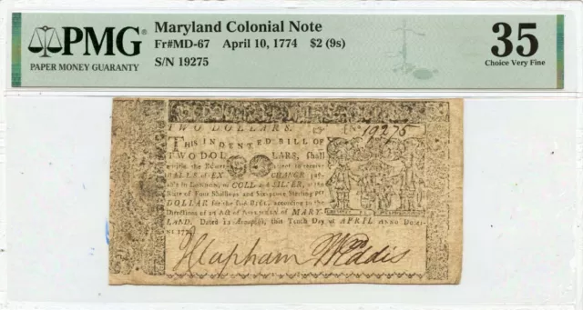 April 10 $2 (9s) Maryland Colonial Note 1774 MD-67 PMG CH VF35