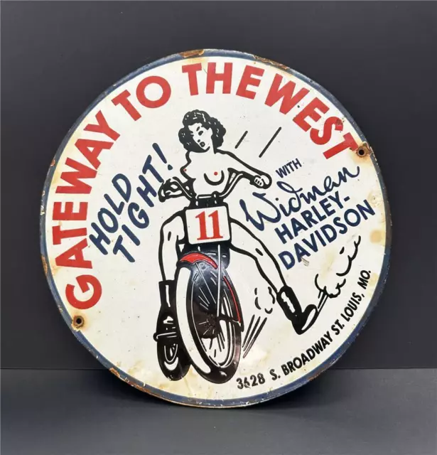 Vintage Harley Davidson Motorcycle Porcelain Sign Widman St. Louis MO Gas Oil