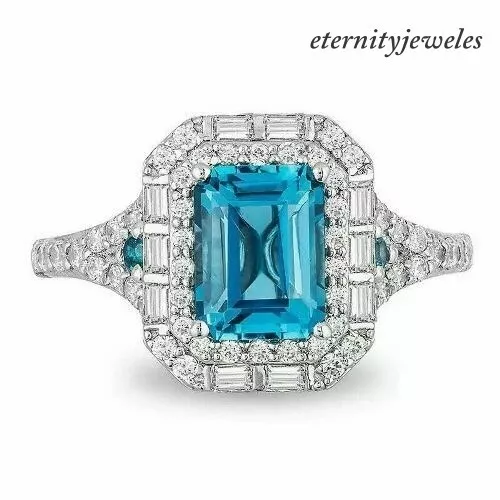 2.32Ct Emerald Cut Real Halo Aqua Blue Sapphire Wedding Ring 14K White Gold FN
