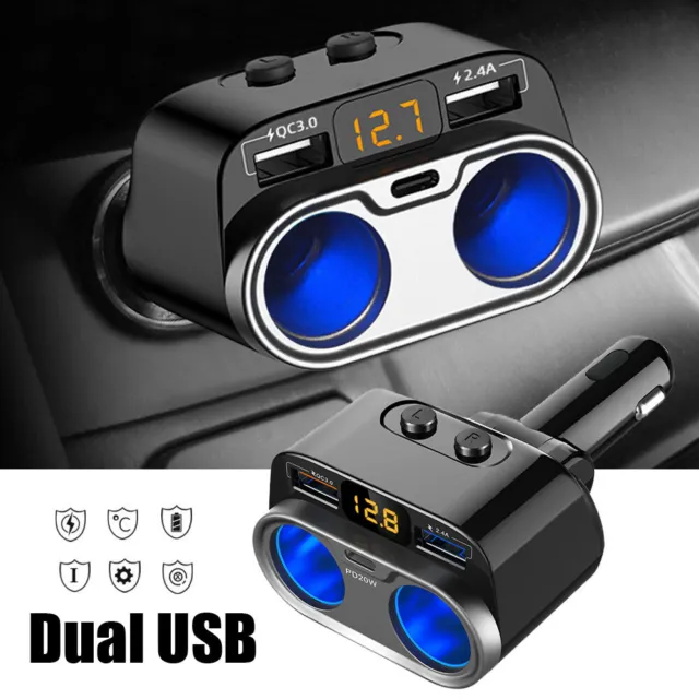 Car Charger Cigarette Lighter Socket Dual USB Type-C PD 20W Fast Charge Adapter