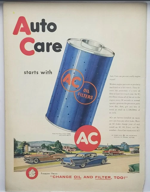 1958 AC Oil Filters Auto Care Trapper Says...Vintage Print Ad