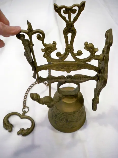 Vintage Ornate Solid Brass Bell With Chain Pull Wall Hanging Loud