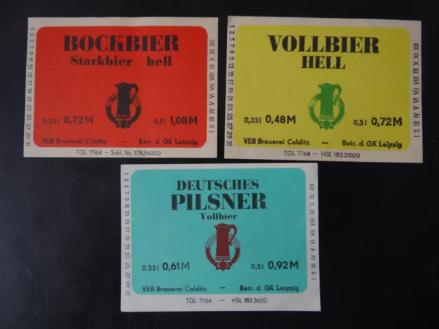 3 DDR-Bier-Etiketten - VEB Brauerei Coldiz, GK Leipzig, Sachsen, Germany