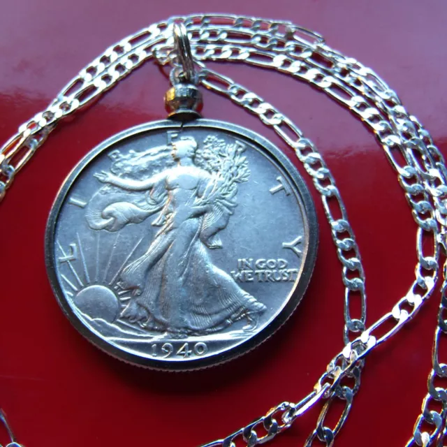 AU Walking Liberty Half Dollar Pendant 24" ITALIAN 925 Sterling Silver Chain