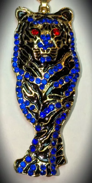 Cool Cat! Betsey Johnson Large Royal Blue Crystal Tiger w/ Red Eyes Necklace!