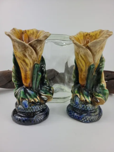 MOJOLICA Vtg Ceramic Figural Pair Calla Lily Blue Serpent Snakes Candle Holders 2