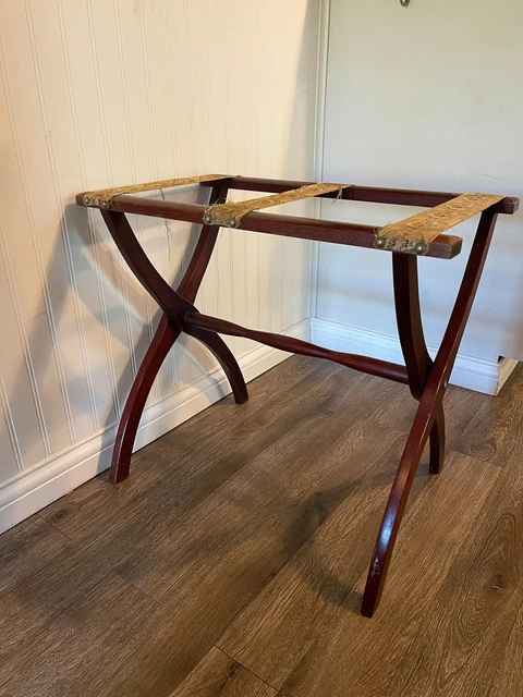 Vintage Luggage Rack Wooden Folding Suitcase Stand with Tapestry Straps