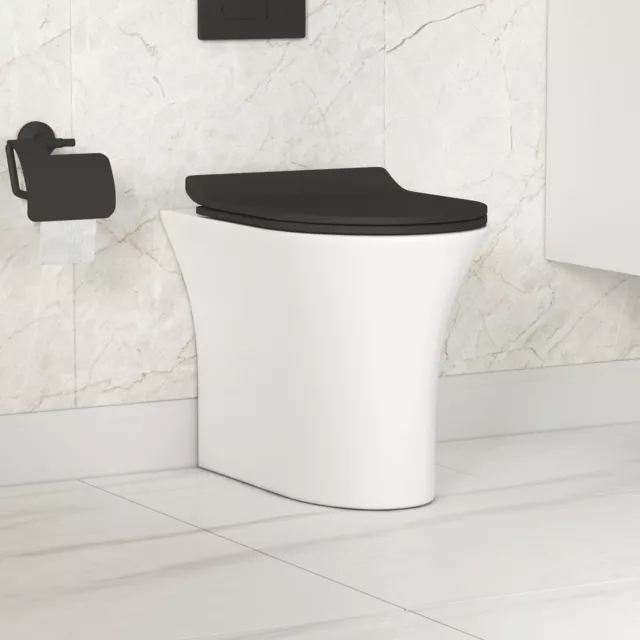 Modern Round Rimless back to wall toilet Pan with Slim Soft Close Black Seat