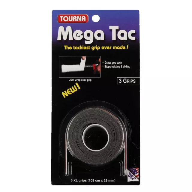 Tourna Mega Tac XL  - Black - Pack of 3 Overgrips - Tennis Squash Badminton