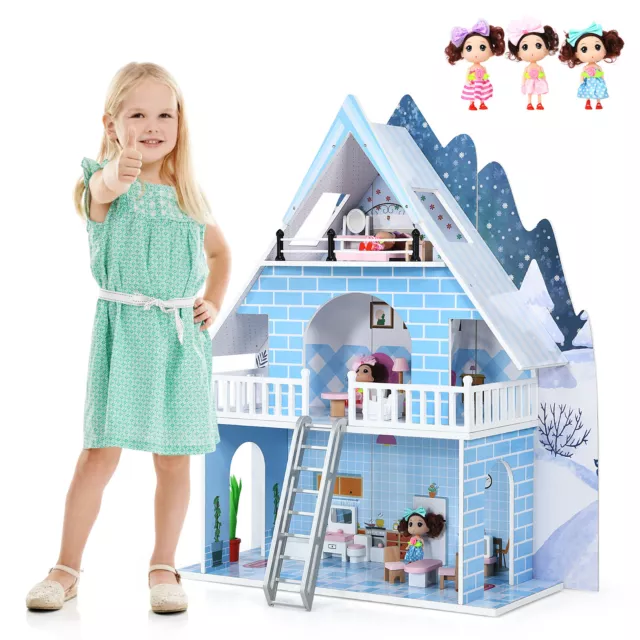 94CM Large Wooden Doll House 3-Floor Kids Dollhouse Full Furniture 15PC & 3Dolls