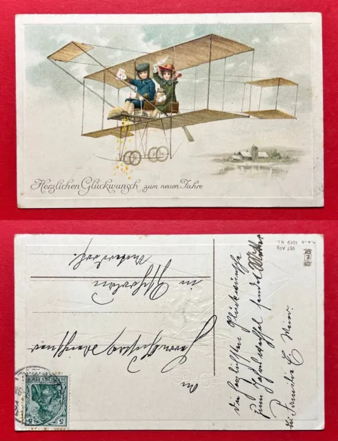 Prägedruck Glückwunsch AK NEUJAHR 1907 Doppeldecker Flugzeug Kindern  ( 118272
