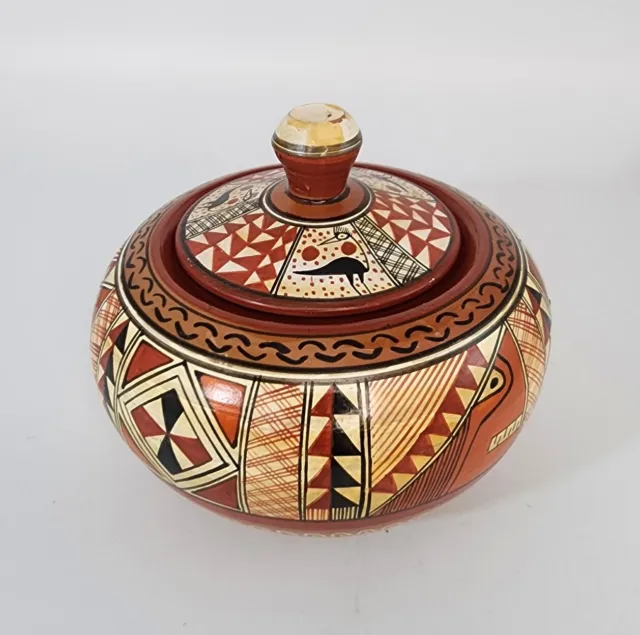 Vintage Peru Hand Painted Lidded Terra Cotta Pottery Bowl 5"