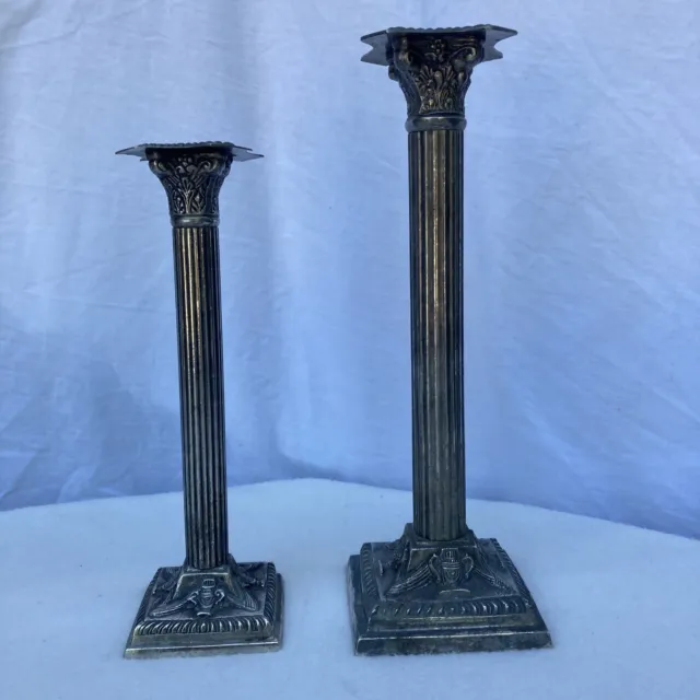 Candle Holders Sticks Pillar Set of 2 Heavy Metal VTG Tall Silver Tone Columns 2