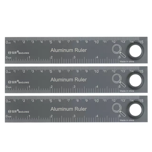 3pcs Straight Ruler 6 Inch Metric English Magnifier Measuring Tool, Gray