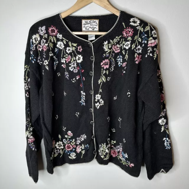 Heirloom Collectibles Black Embroidered Floral Cardigan Sweater Cottagecore M