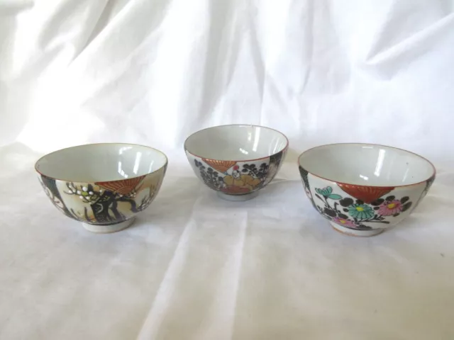 Set of 3 Collectible Japanese Ceramic Tea Cups Signed Kutani in Japanese