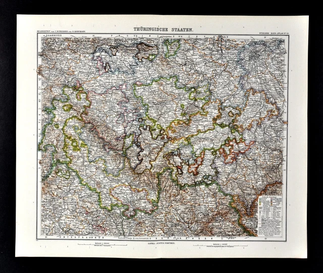 1911 Stieler Map - Germany Thuringia Gotha Erfurt Weimar Coburg Hof German Reich
