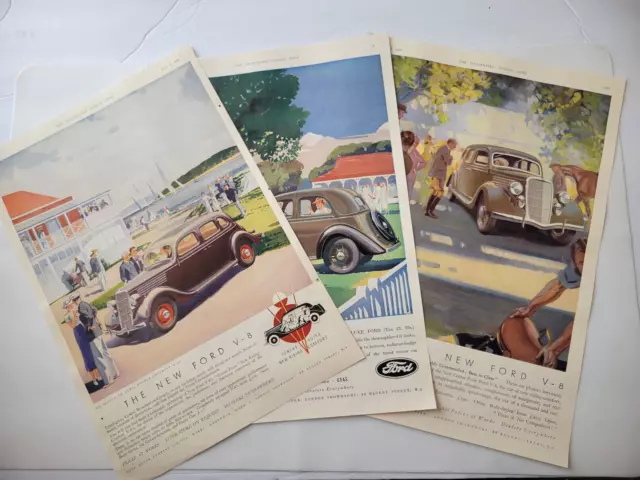 Ford V-8 De Luxe Saloon Full-Color Set 3 1935 UK Ads ~14.5x10"