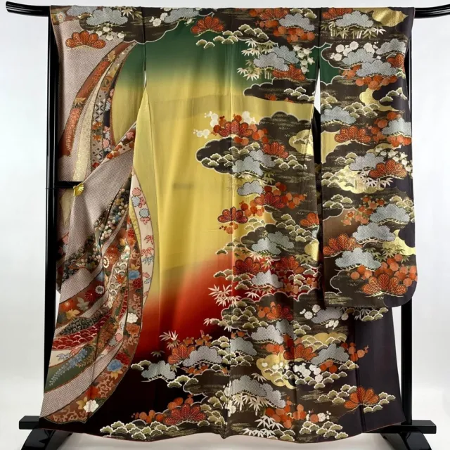 Japanese kimono SILK"FURISODE" long sleeves,Gold leaf, Plants,Pine, L5'3"..3173