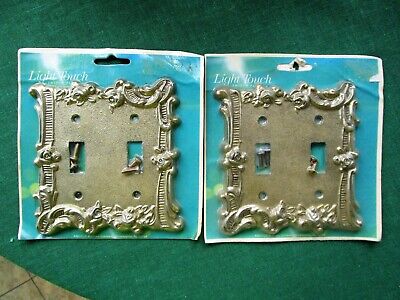 Vintage Angelo Brothers Brass Tone 2Pc Set - 2 Double Switch Covers, Ornate!