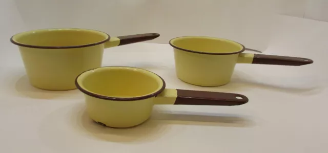 Set 3 Vintage Yellow w Brown Rim Handle Enamelware Old Cowboy Sauce Pans FREE SH